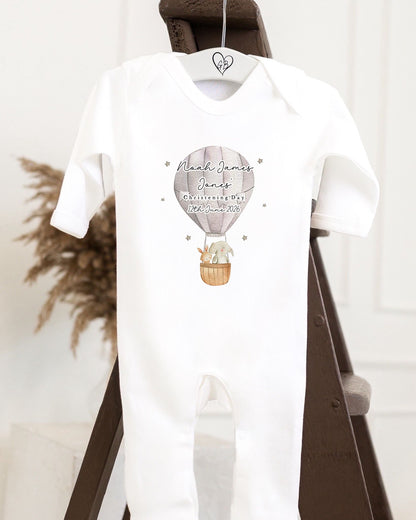 Personalised Christening Babygrow - Grey Hot Air Balloon Design