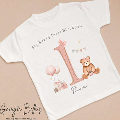 Personalised Birthday T-Shirt - Pink Beary First Design