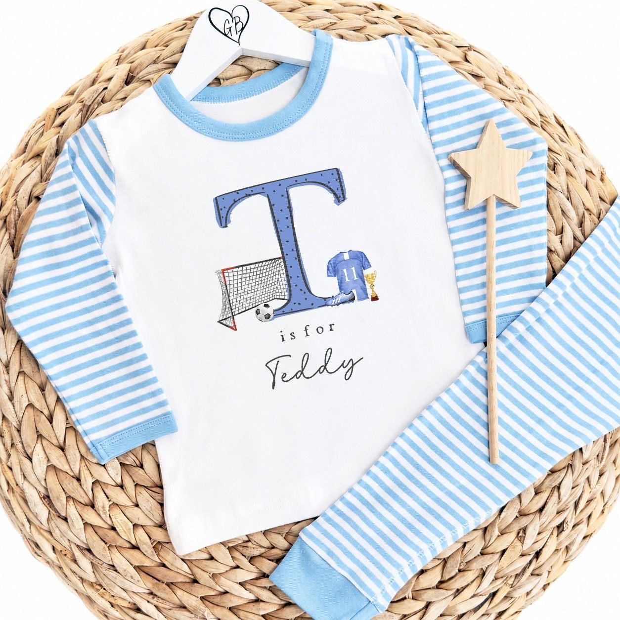 Personalised Boys Gifting Pyjamas Blue Stripe - Football Initial Design
