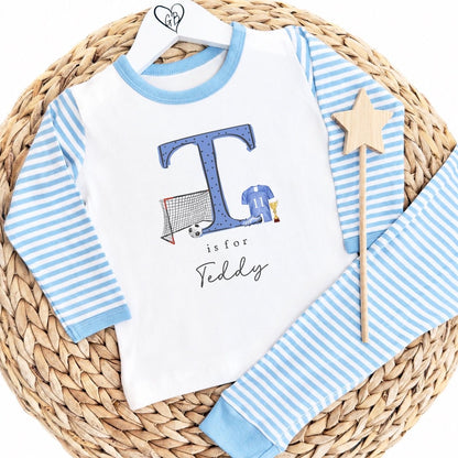 Personalised Boys Gifting Pyjamas Blue Stripe - Football Initial Design