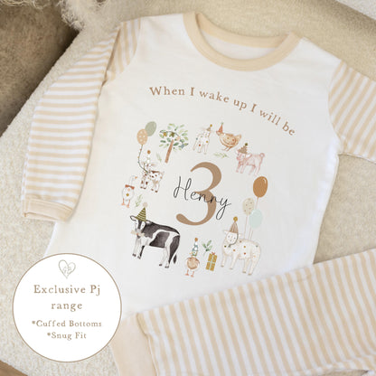 Personalised Beige Stripe Birthday Pyjamas - Farm Wreath Design