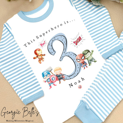 Personalised Blue Stripe Birthday Pyjamas - Blue Superhero Design