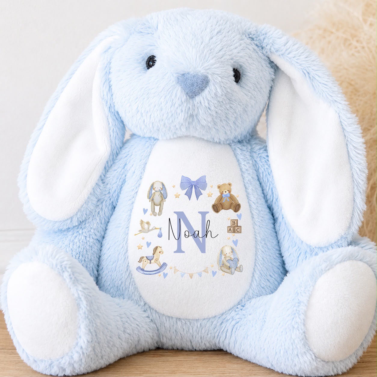 Personalised Baby Boy Bunny Soft Toy | Personalised Baby Gift - Baby Wreath Design