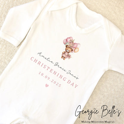 Personalised Christening Babygrow / Vest - Pink Bear Design