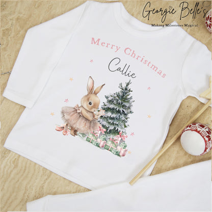 Personalised Plain White Christmas Pyjamas - Pink Bunny Design