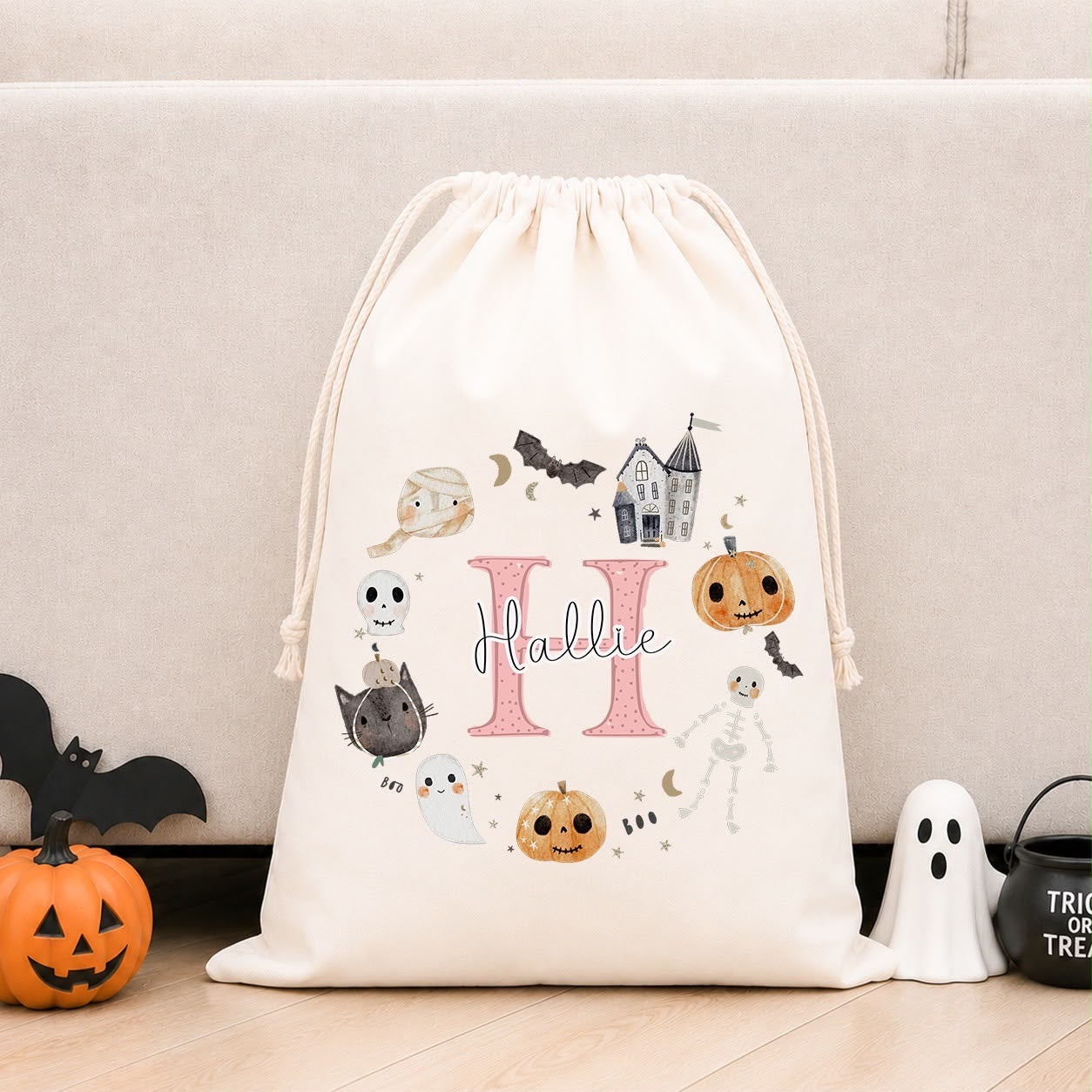 Personalised Halloween Boo Bag &amp; Treat Sack | Pink Initial Wreath Design