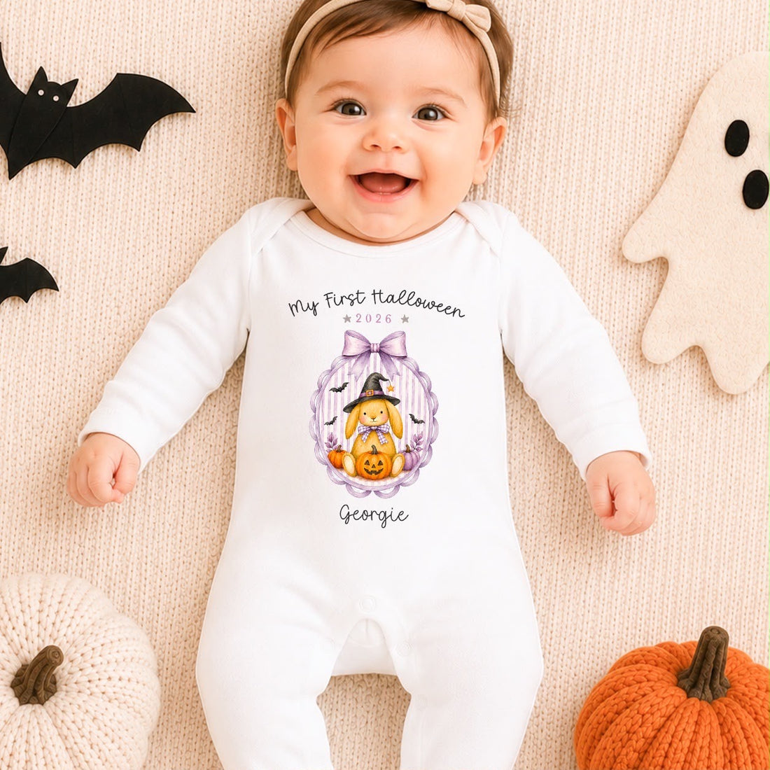 Personalised Halloween Babygrow | My First Halloween Baby Outfit | Purple Bunny Wreath Design
