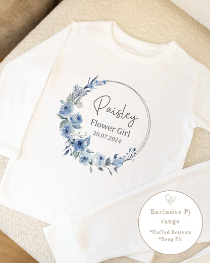 Personalised Flower Girl Pyjamas - Dusky Blue Wreath Design