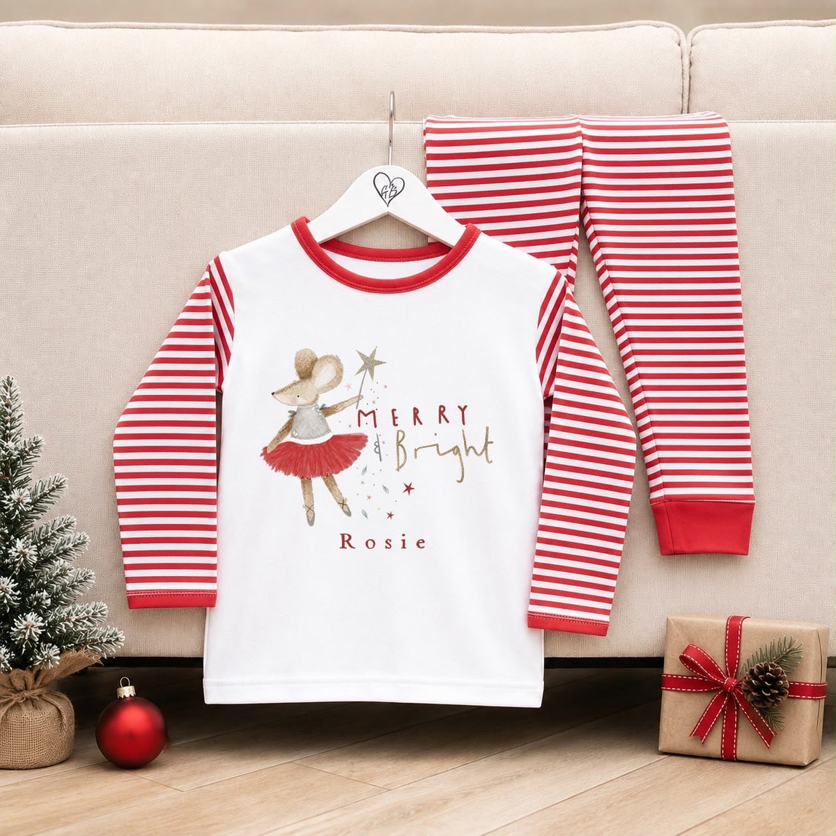 Personalised Christmas Pyjamas for Kids | 100% Cotton Red Stripe | Merry &amp; Bright Design