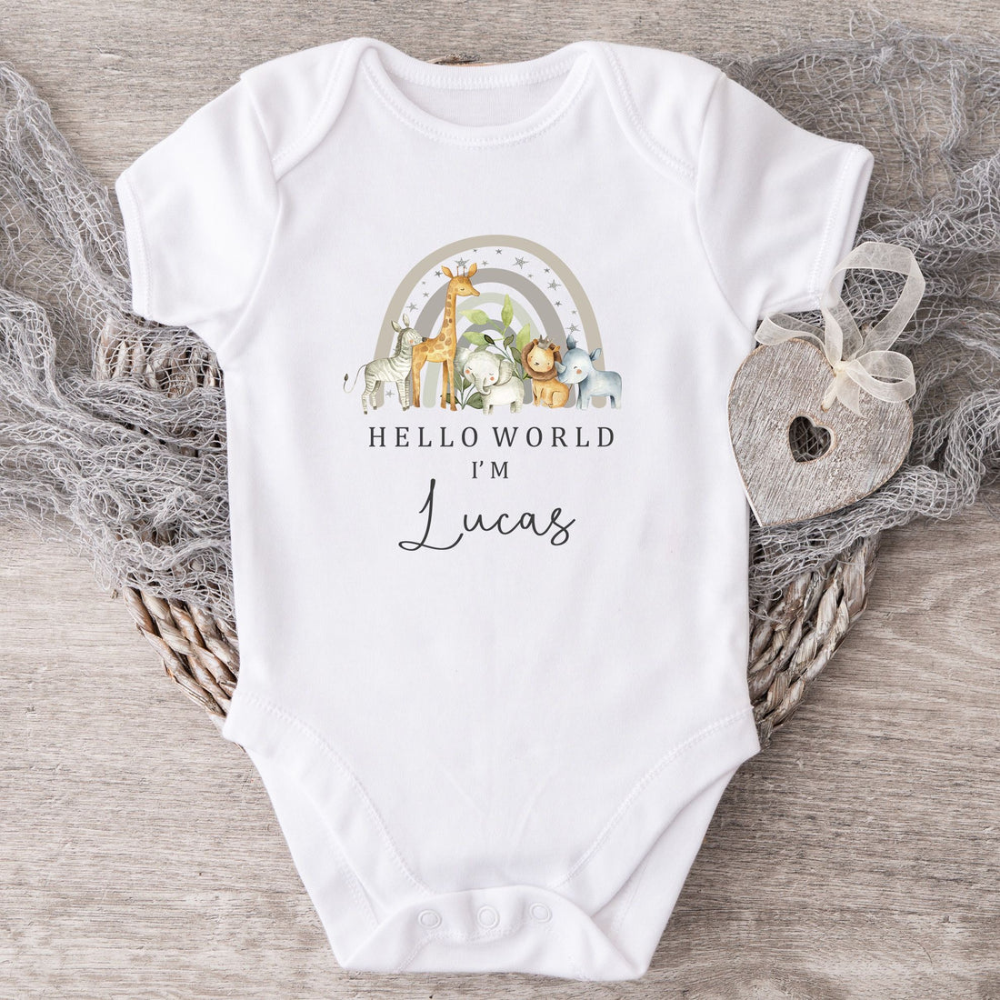 Personalised Baby Announcement Vest / Babygrow - Hello World Safari Design