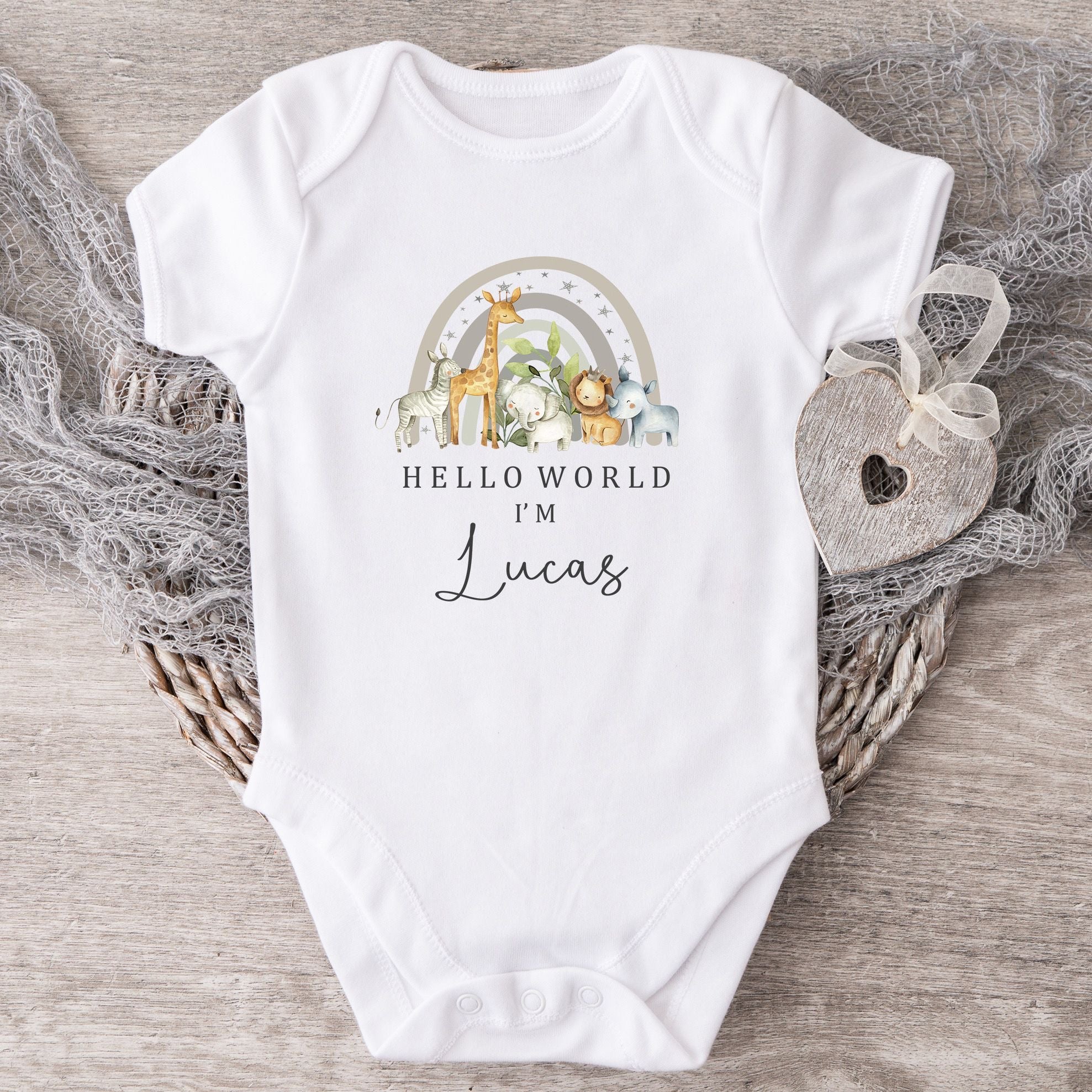 Personalised Baby Announcement Vest / Babygrow - Hello World Safari Design