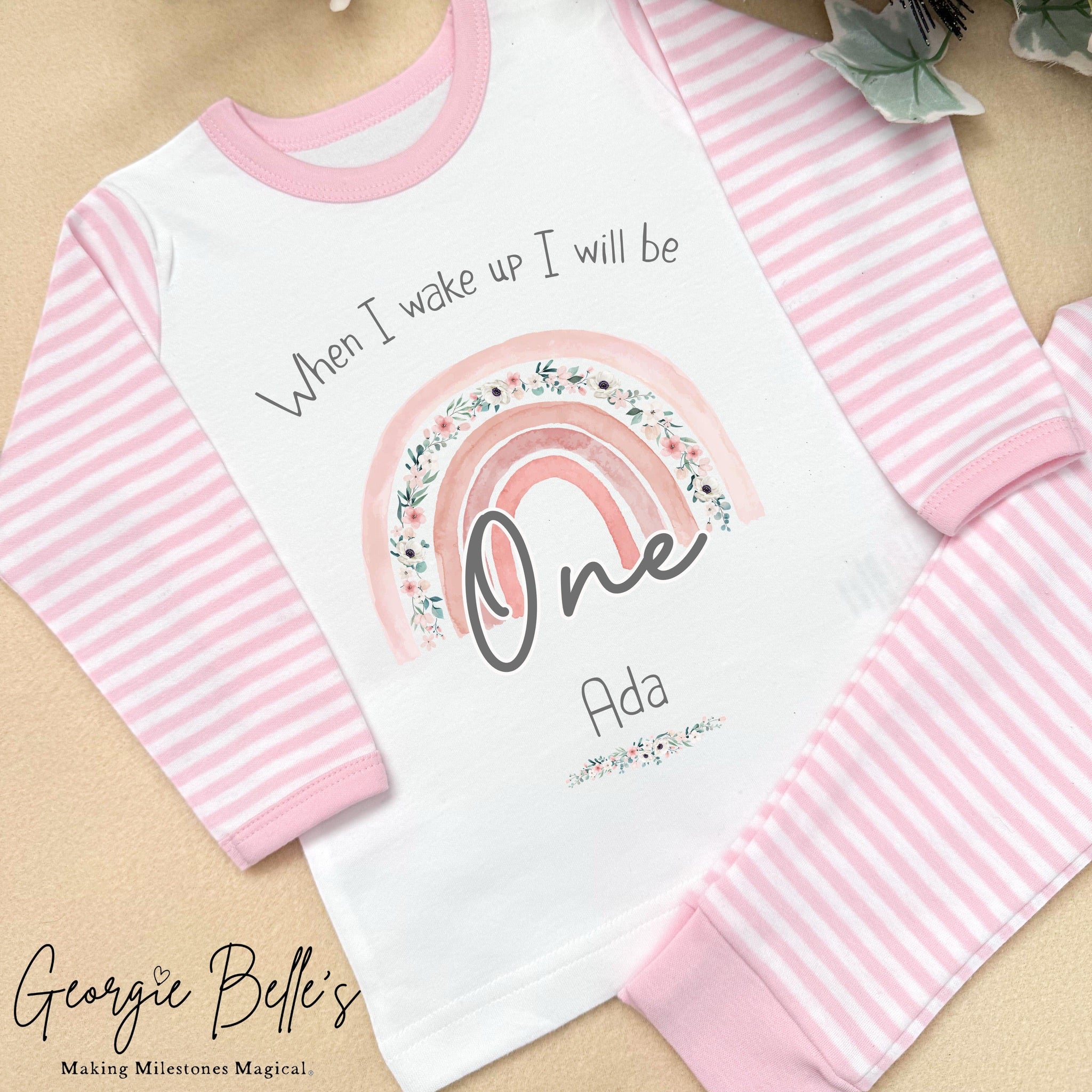 Personalised Pink Stripe Birthday Pyjamas - Pink Floral Design