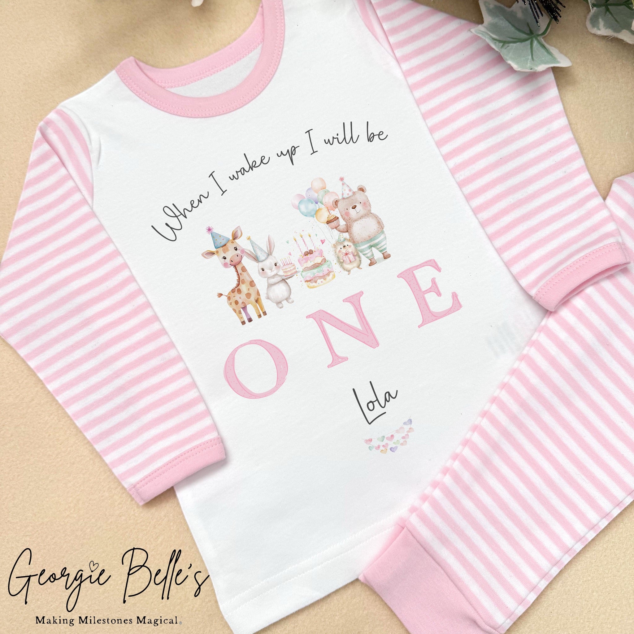 Personalised Pink Stripe Birthday Pyjamas - Pink Animal Party Design