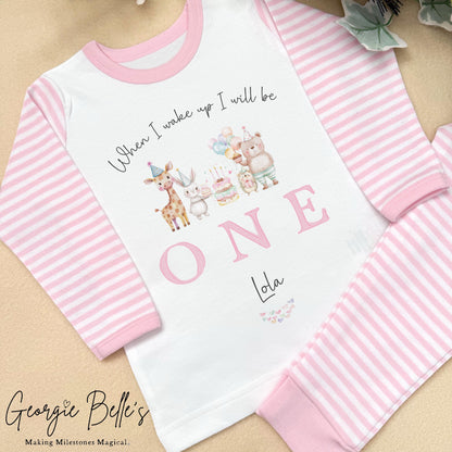 Personalised Pink Stripe Birthday Pyjamas - Pink Animal Party Design
