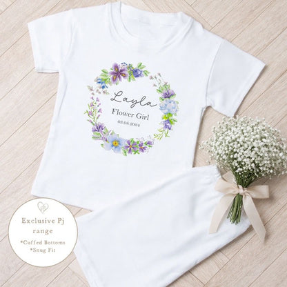 Personalised Flower Girl Short Set Pyjamas - Lilac Wreath Design