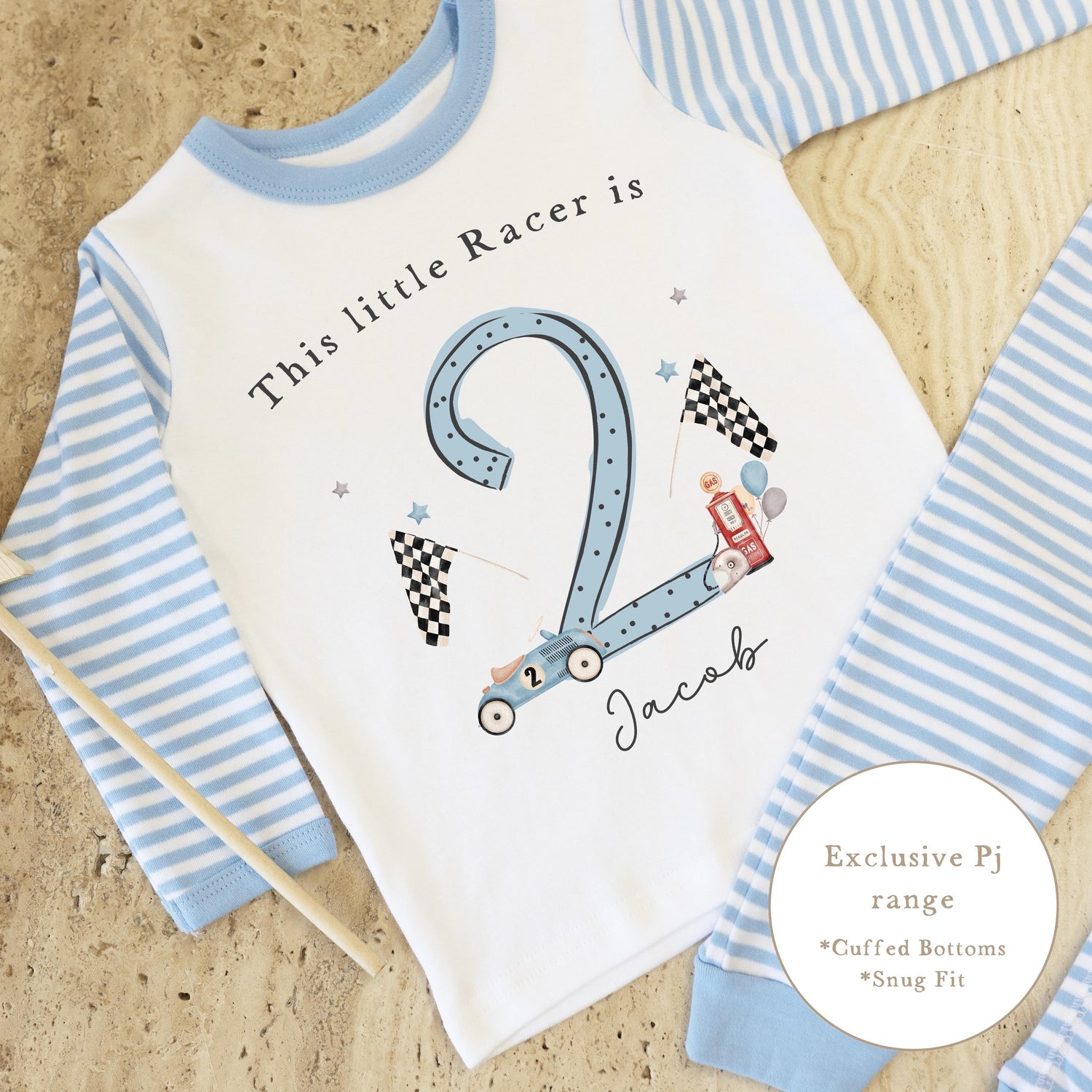 Blue &amp; White Striped Personalised Birthday Pyjamas - Blue Car Design