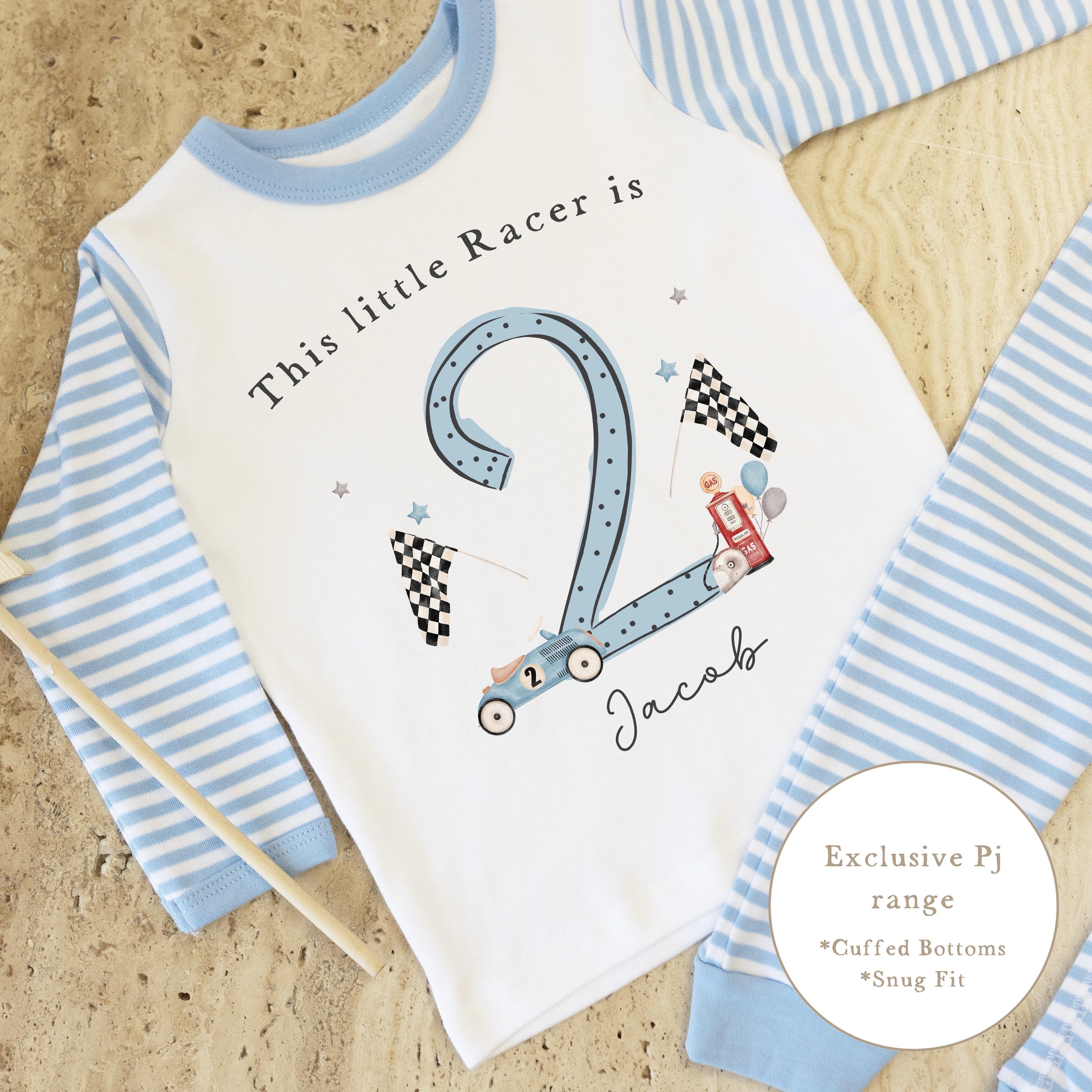 Blue &amp; White Striped Personalised Birthday Pyjamas - Blue Car Design