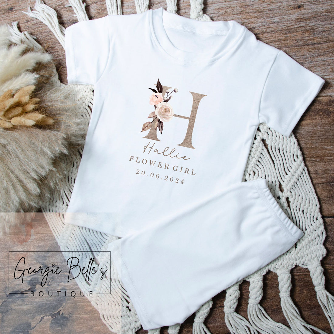 Short Set Personalised Flower Girl Pyjamas - Dusky Pink Linen Initial
