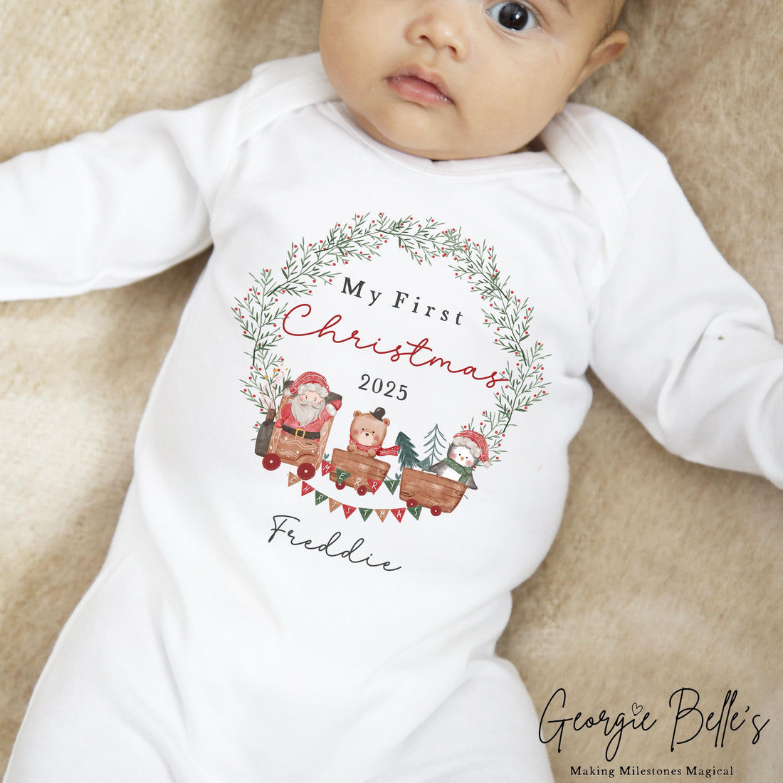 Personalised Christmas Sleepsuit / Bodysuit - First Christmas Train Wreath Design