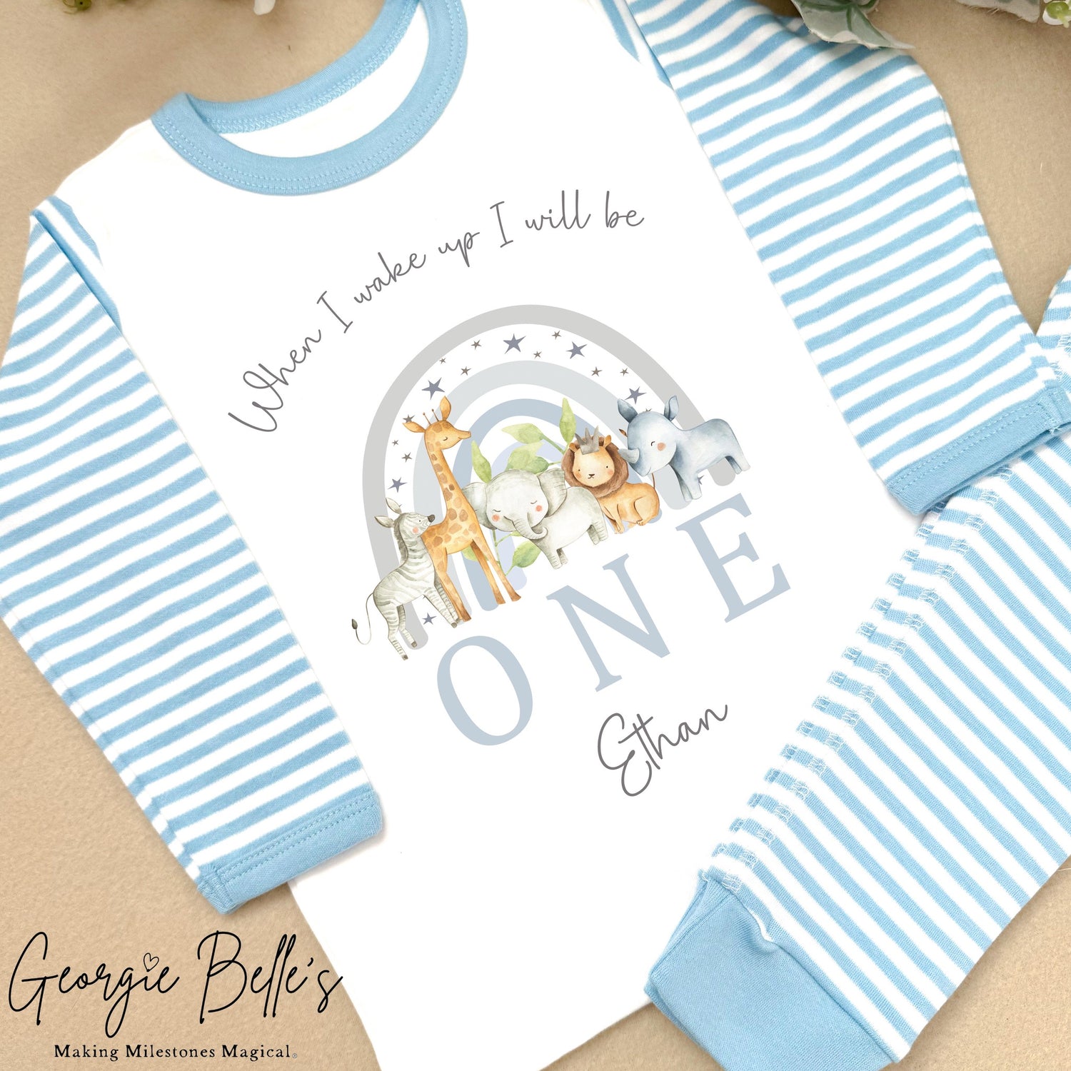 Personalised Blue Stripe Birthday Pyjamas - Blue Safari Rainbow Design