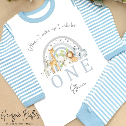 Personalised Blue Stripe Birthday Pyjamas - Blue Safari Rainbow Design