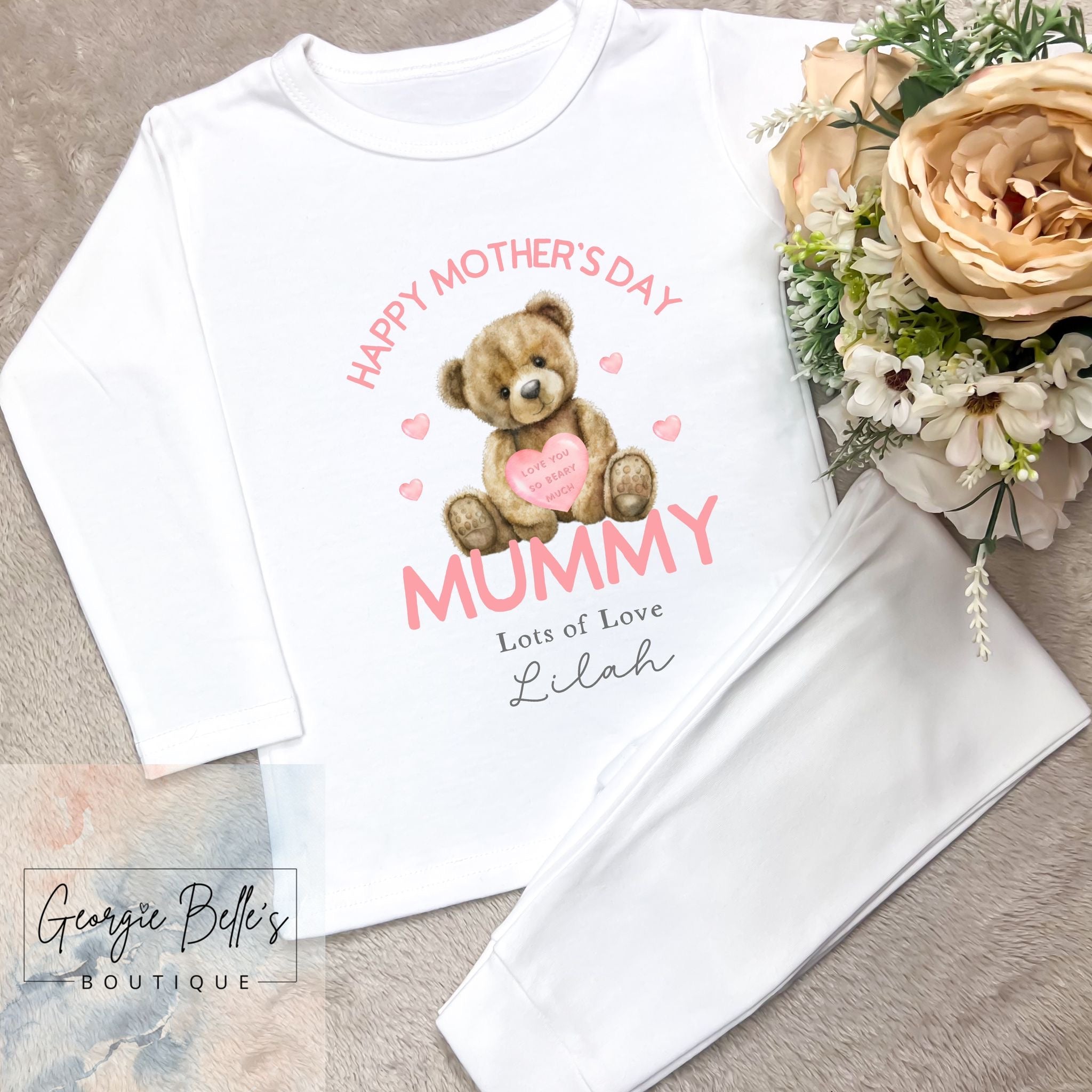 Personalised Sibling Matching Mothers Day Pyjamas - Pink Bear Design