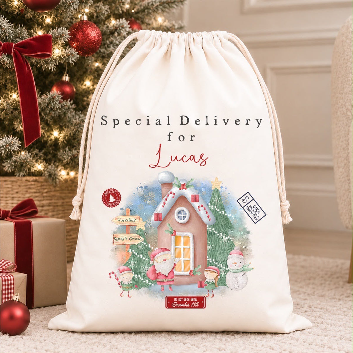 Luxury Personalised Premium Cotton Christmas Sack | Personalised Santa Sack | Christmas Scene Design
