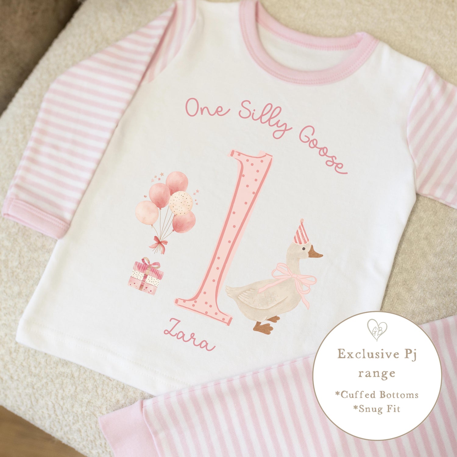 Personalised Pink Stripe Birthday Pyjamas - One Silly Goose Design