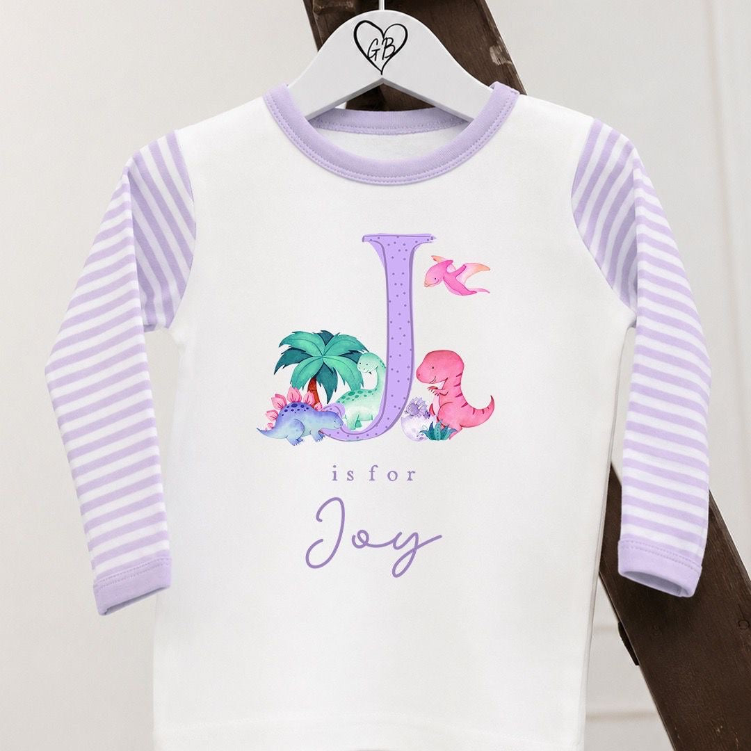 Personalised Girls Gifting Pyjamas Lilac Stripe - Dinosaur Initial Design