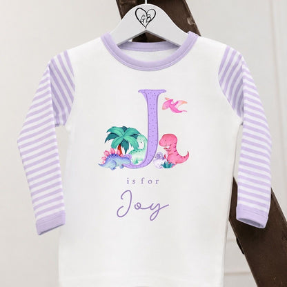 Personalised Girls Gifting Pyjamas Lilac Stripe - Dinosaur Initial Design