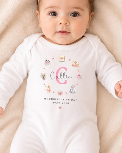 Personalised Christening Babygrow - Pink Wreath Design