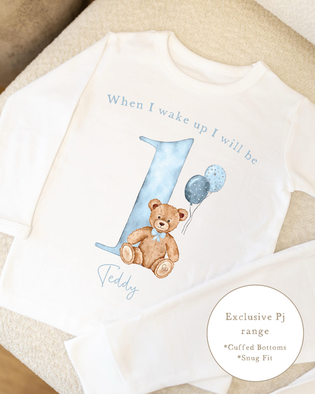 Plain White Personalised Birthday Pyjamas - Blue Bear Design