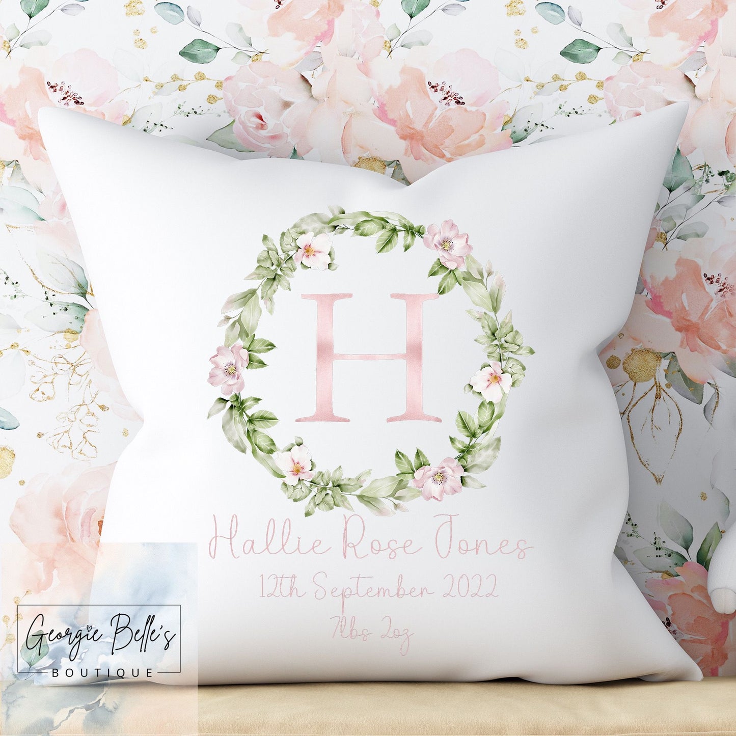 Personalised Baby Cushion - Floral Wreath Nursery Cushion