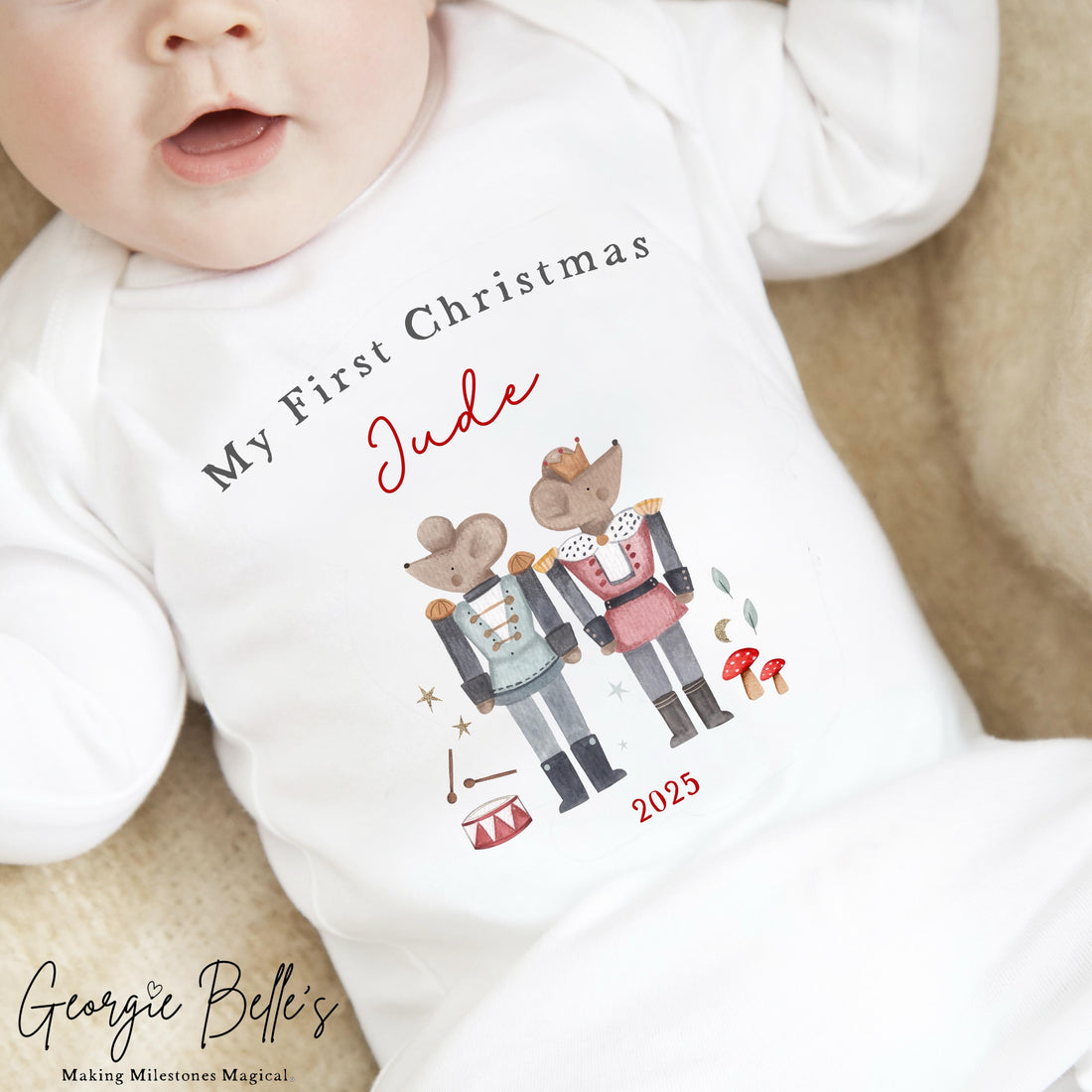 Personalised Christmas Sleepsuit / Bodysuit - First Christmas nude writing Wreath Design