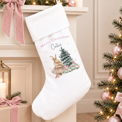 Personalised White Christmas Stocking | Pink Bunny Design