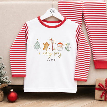 Personalised Christmas Pyjamas for Kids | 100% Cotton Red Stripe | Holly Jolly Design