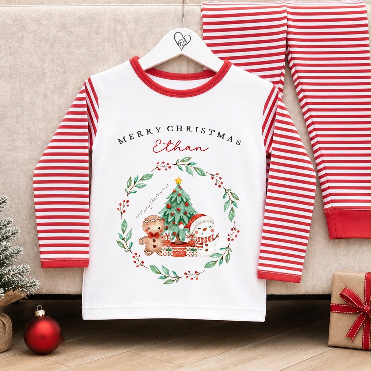 Personalised Christmas Pyjamas for Kids | 100% Cotton Red Stripe | Santa Scene Wreath Design