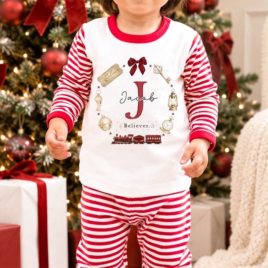 Personalised Christmas Pyjamas for Kids | 100% Cotton Red Stripe | Red Polar Express Believes Wreath Design