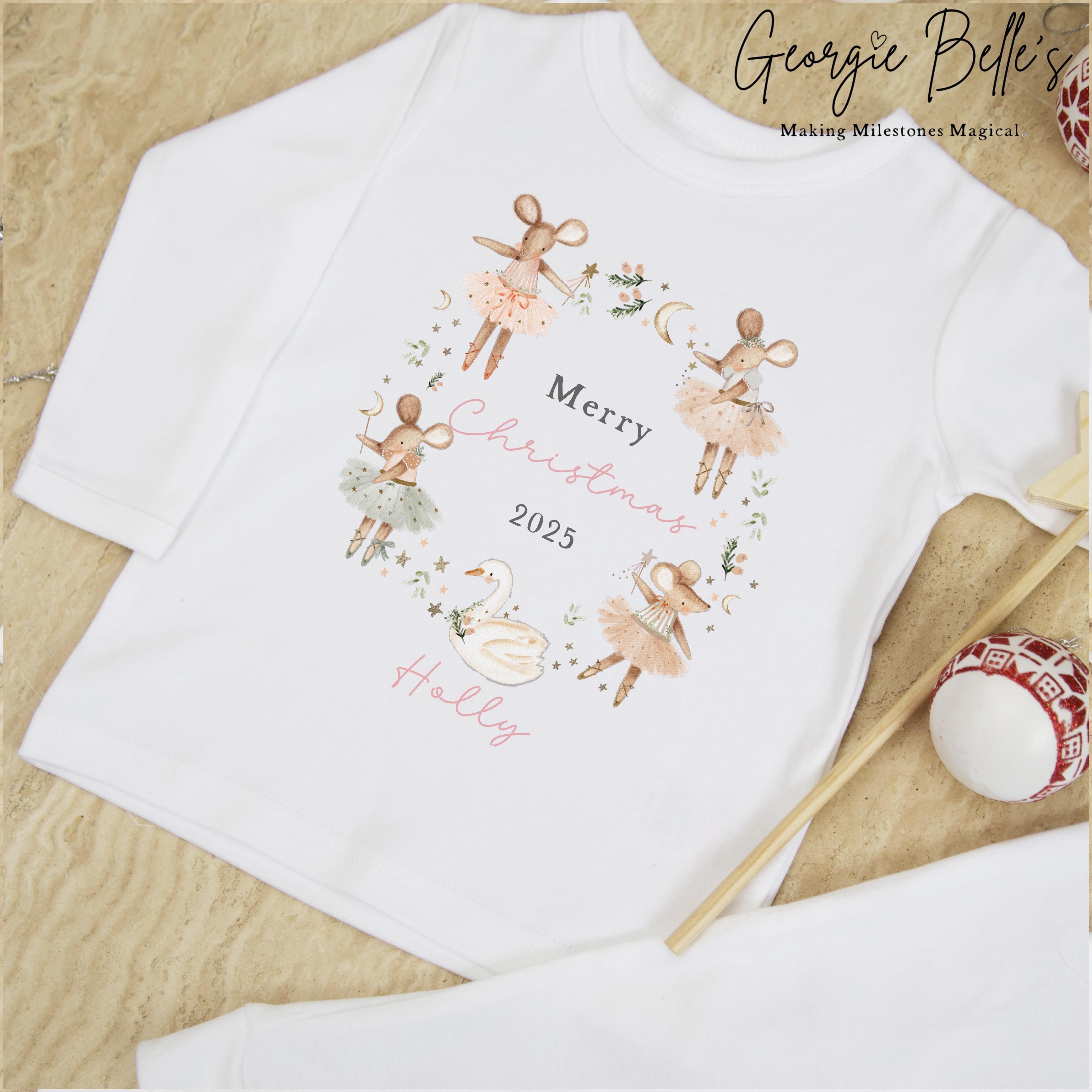 Personalised Plain White Christmas Pyjamas - Pink Mouse Wreath Design