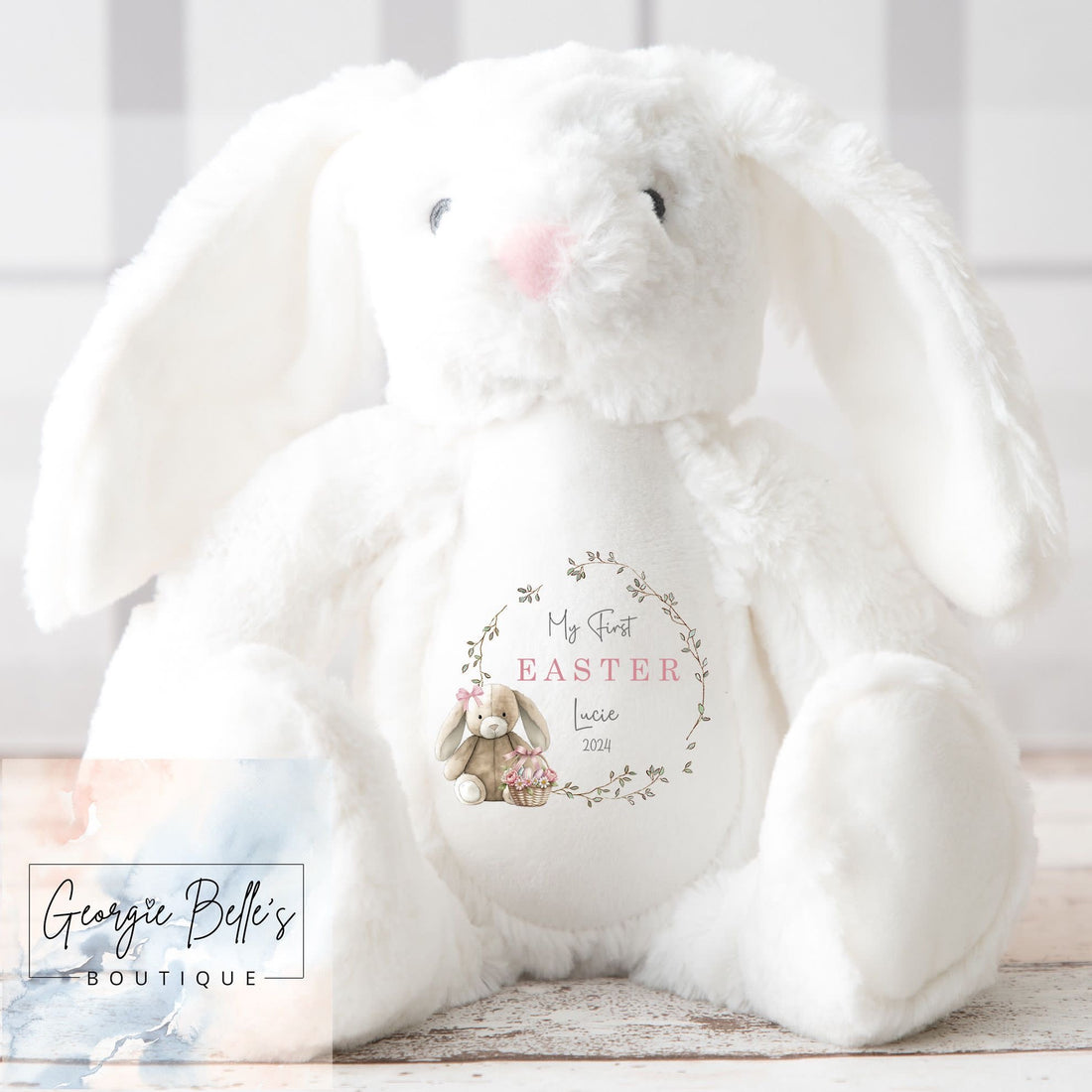 Personalised White Easter Bunny Soft Toy - Pink Bunny Wreath Design
