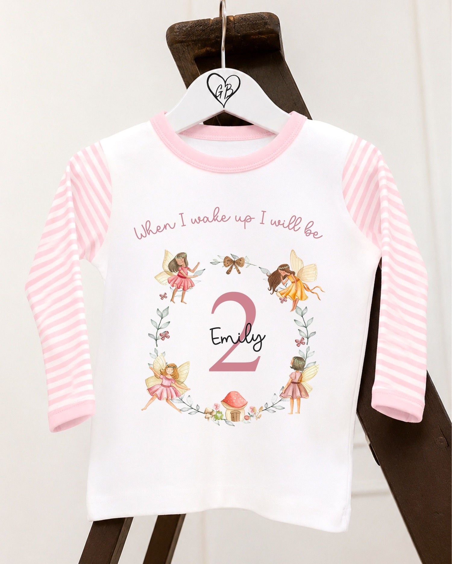 Personalised Pink Stripe Birthday Pyjamas - Fairy Wreath Design
