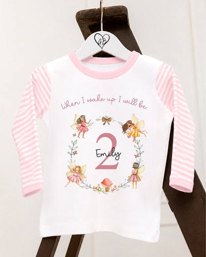 Personalised Pink Stripe Birthday Pyjamas - Fairy Wreath Design