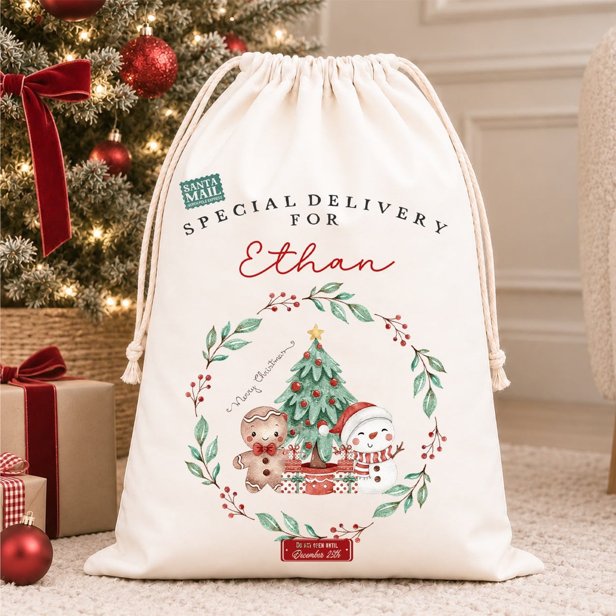 Luxury Personalised Premium Cotton Christmas Sack | Personalised Santa Sack | Snowman Wreath Design