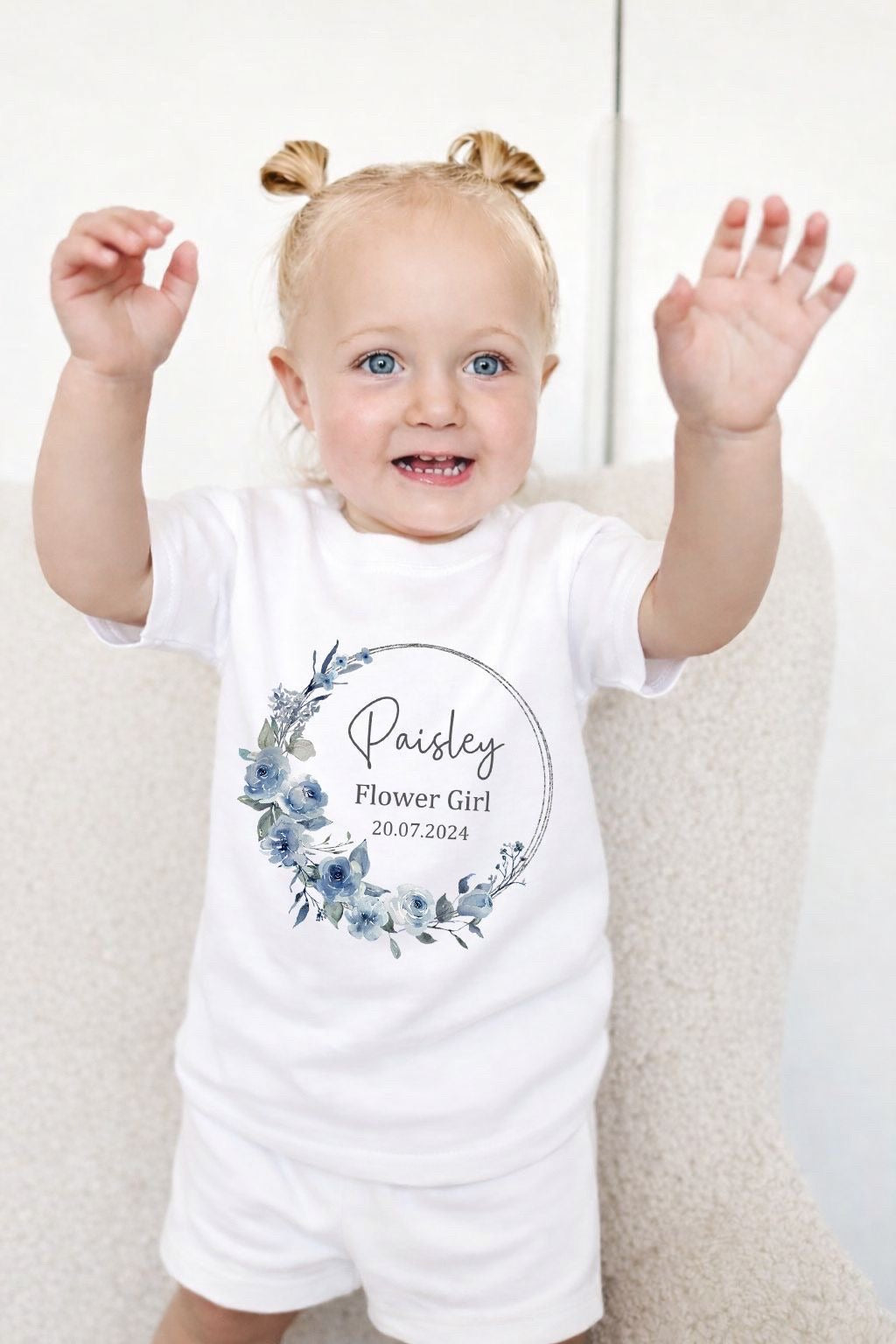 Personalised Flower Girl Short Set Pyjamas - Dusky Blue Wreath Design