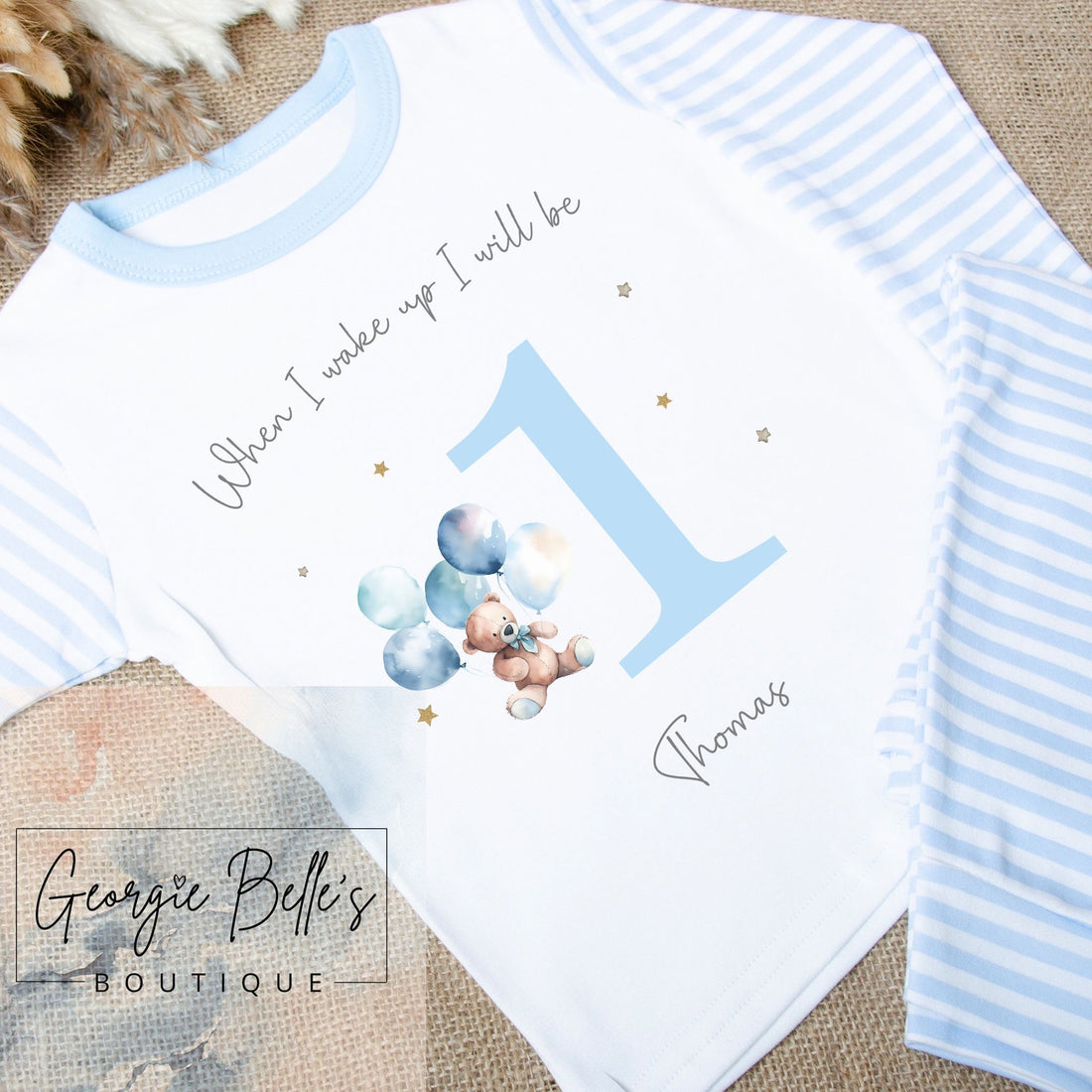 Personalised Birthday Pyjamas - Blue Bear Balloon Design