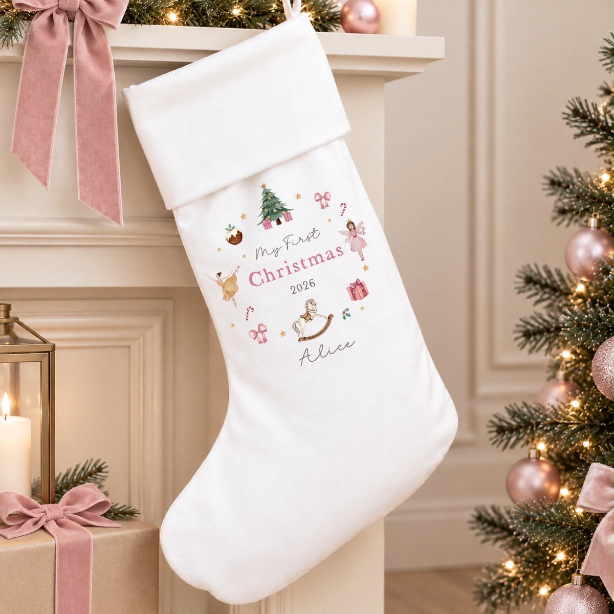 Personalised White First Christmas Stocking | Pink Christmas Wreath Design
