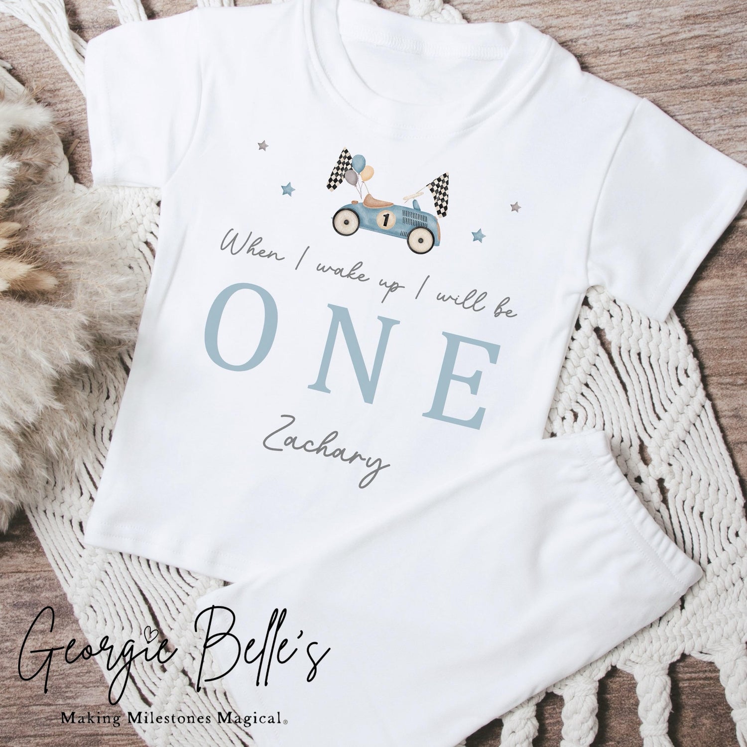 Personalised Short Set Birthday Pyjamas - Blue Car Design