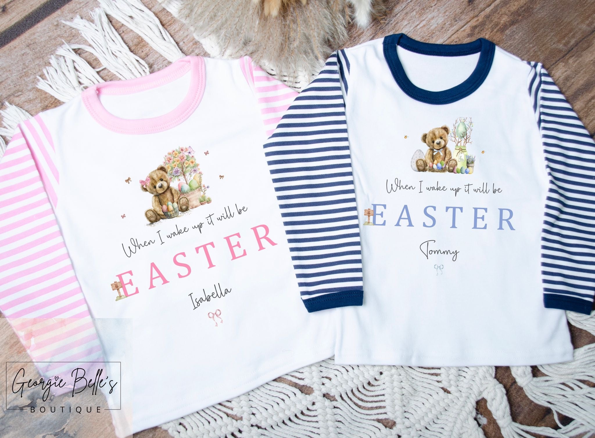 Personalised Easter Sibling Matching Pyjamas - Pink When I Wake Up Design