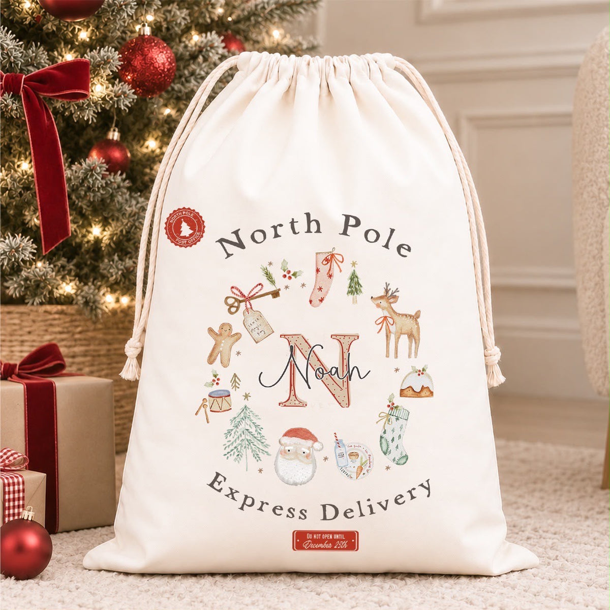 Luxury Personalised Premium Cotton Christmas Sack | Personalised Santa Sack | Christmas Initial Wreath Design