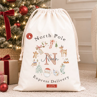 Luxury Personalised Premium Cotton Christmas Sack | Personalised Santa Sack | Christmas Initial Wreath Design